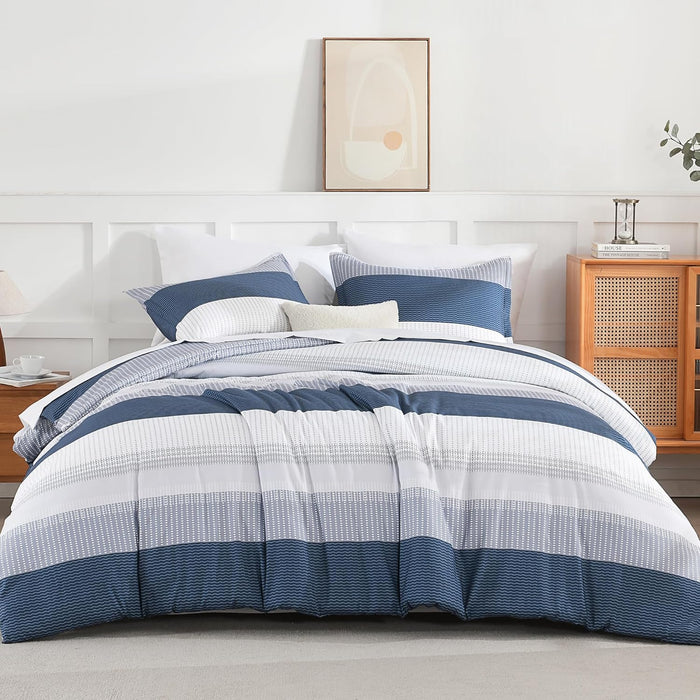 Andency Queen Comforter Set Mineral Blue - 7 Pieces Blue Striped Lightweight Bed in a Bag, Soft Microfiber Reversible Bedding Set with Comforter, Fitted & Flat Sheet, Pillowcases & Shams