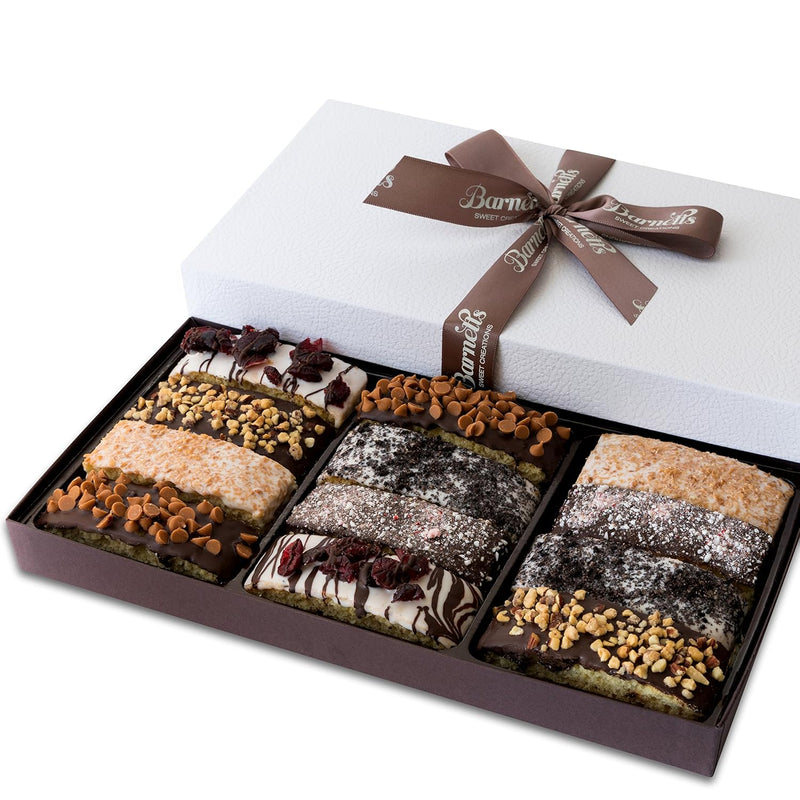 Barnetts Christmas Holiday Thanksgiving 12 Chocolate Biscotti Gift Box, Gourmet Cookie Gifts Basket for Him and Her Food Delivery, Fancy Cookies Spring Candy Treats Baskets Ideas for Dad, Husband, Father, Brother, Son, Father, Grandmother, Mother, Grandma