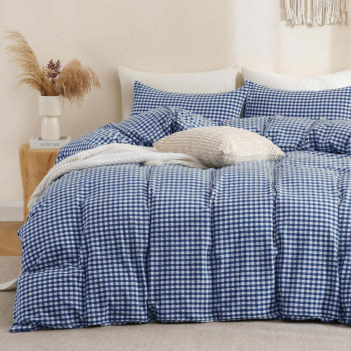 TOCOMOA Tan Gingham Duvet Cover Bedding Set 100% Washed Cotton Like Linen Feel Super Soft Comfy 3 Piece Brown Vintage Plaid Checkered Fall Comforter Cover Set (Queen 90"x90", Comforter Not Included)