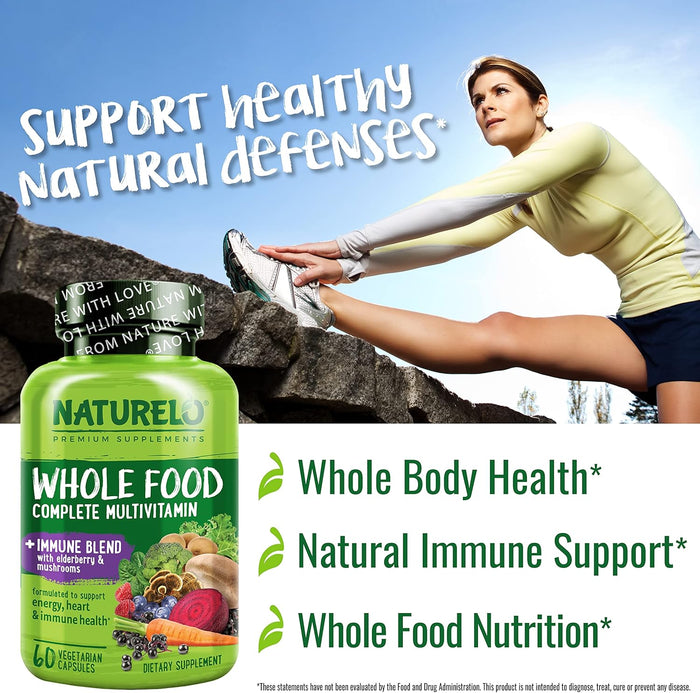 NATURELO Whole Food Multivitamin + Immune Blend with Elderberry & Mushrooms - Complete Multivitamin with Extra Immune Support - C, D3, Zinc, Elderberry, Reishi, Shitake - 60 Vegan Capsules