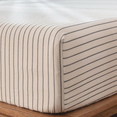 MooMee Fitted Bottom Sheet Only 100% Washed Cotton Linen Like Textured Breathable Durable Soft Comfy Deep Pocket Fits Mattress up to 17" (White Dark Grey Wide Stripes, Queen)