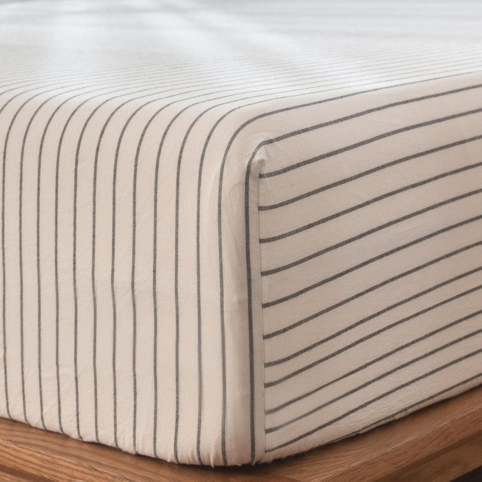 MooMee Fitted Bottom Sheet Only 100% Washed Cotton Linen Like Textured Breathable Durable Soft Comfy Deep Pocket Fits Mattress up to 17" (White Dark Grey Wide Stripes, Queen)