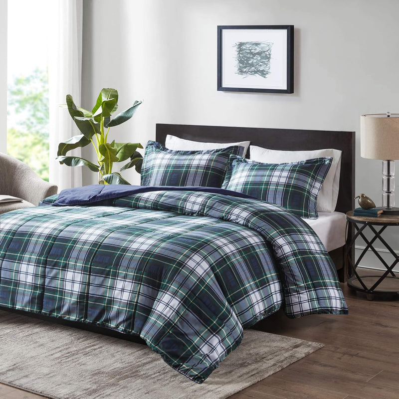 Madison Park Essentials Parkston Plaid Comforter, Matching Sham, 3M Scotchguard Stain Release Cover, Hypoallergenic All Season Bedding-Set, Full/Queen, Black, 3 Piece