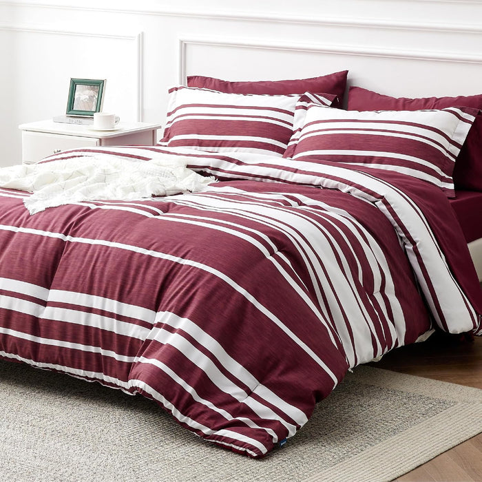 Bedsure Queen Comforter Set 7 Pieces, Blue Striped Bedding Set for All Seasons, Reversible, Cationic Dyeing Bed in a Bag with Comforter, Sheets, Pillowcases & Shams