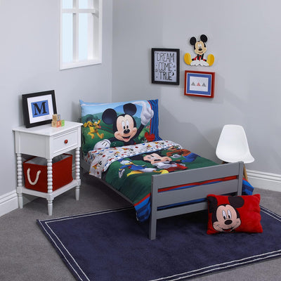 Disney Mickey's Big Adventure Blue, Red, Yellow & Green 4Piece Toddler Bed Set - Comforter, Fitted Bottom Sheet, Flat Top Sheet, Reversible Pillowcase, Blue, Red, Yellow, Green