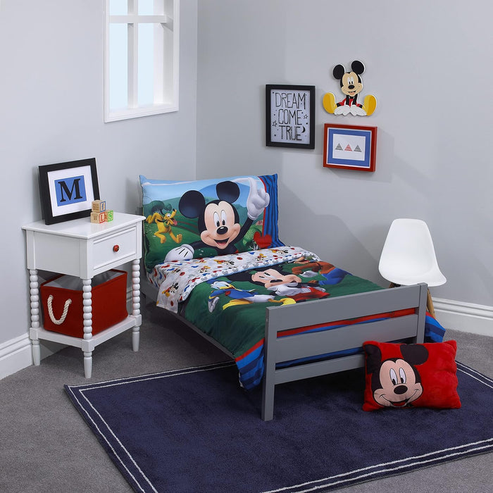 Disney Mickey's Big Adventure Blue, Red, Yellow & Green 4Piece Toddler Bed Set - Comforter, Fitted Bottom Sheet, Flat Top Sheet, Reversible Pillowcase, Blue, Red, Yellow, Green