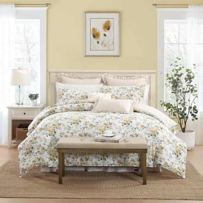 Laura Ashley - King Comforter Set, Soft & Reversible Cotton Bedding, Medium Weight 7 Piece Bed Set with Matching Pillowcases, Euro Shams & Bonus Throw Pillow Covers (Bramble Floral Green)