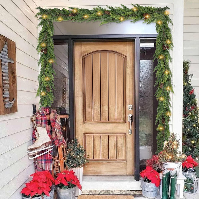 6ft Christmas Garland with LED Lights Artificial Cedar Cypress Garland with Pine Cones Garland for Home Fireplace Wall Indoor Outdoor Holiday Party Decoration
