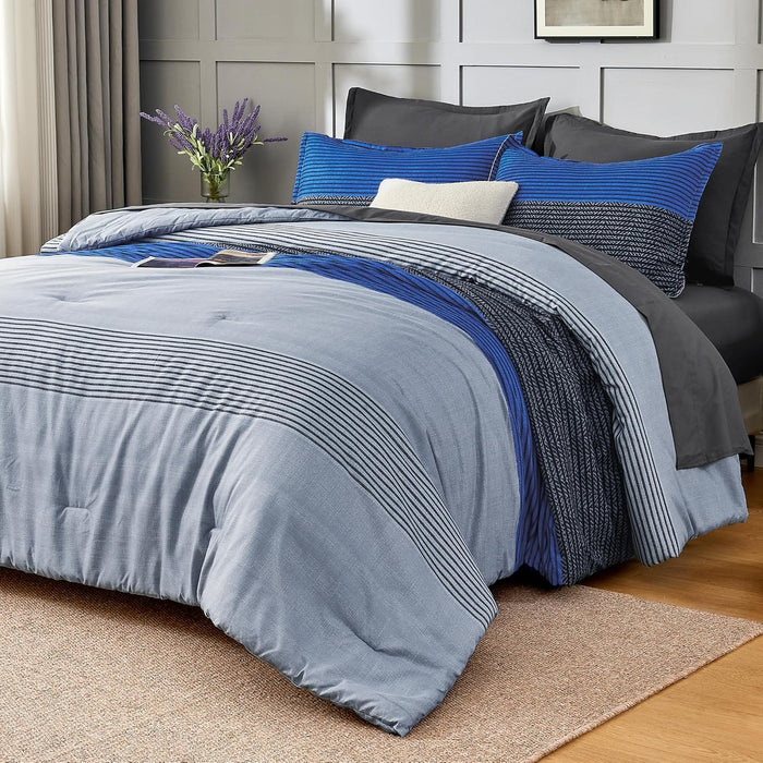 Andency Queen Comforter Set Mineral Blue - 7 Pieces Blue Striped Lightweight Bed in a Bag, Soft Microfiber Reversible Bedding Set with Comforter, Fitted & Flat Sheet, Pillowcases & Shams