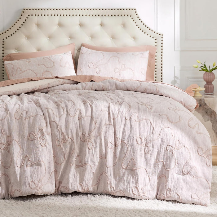 Bedsure Queen Size Comforter Set - Rose Pink Tufted Boho Bed Set, Farmhouse Shabby Chic Embroidery Bedding for All Seasons, 3 Pieces, 1 Soft Jacquard Queen Comforter and 2 Pillow Shams