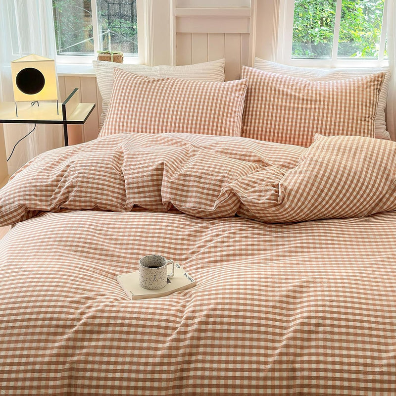LifeTB Tan Gingham Grid Duvet Cover Queen 3 Pieces Beige Plaid Duvet Cover 100% Washed Cotton Boho Plaid Comforter Cover with 2 Pillowcases Farmhouse Checkered Gingham Bedding Set Queen