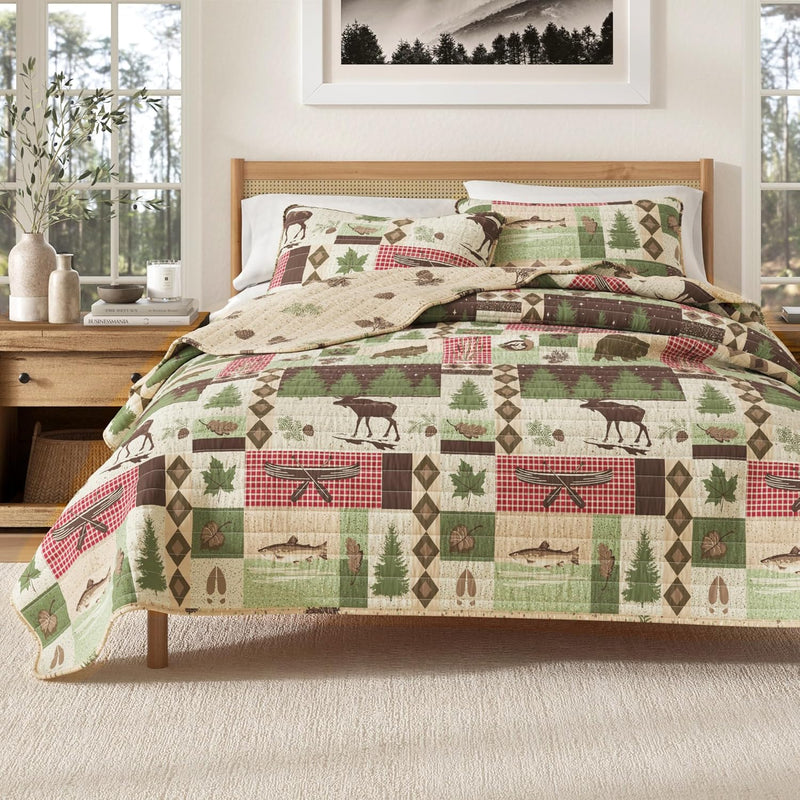 Great Bay Home Twin/Twin XL Reversible Rustic Lodge Olive Bedspread Quilt with Sham - All Season Cabin Coverlet Bedding Set (Includes 1 Quilt, 1 Pillow Sham)