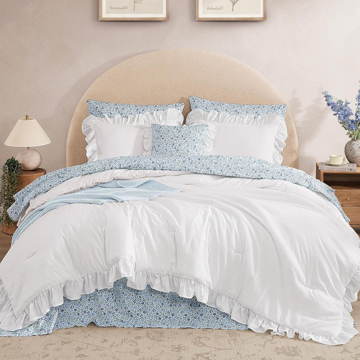 Queen Comforter Set - 7 Pieces Ruffle Purple Bedding Sets, Shabby Chic Farmhouse Bed in a Bag Queen with Ruffle Comforter, Floral Sheets, Pillowcases & Shams