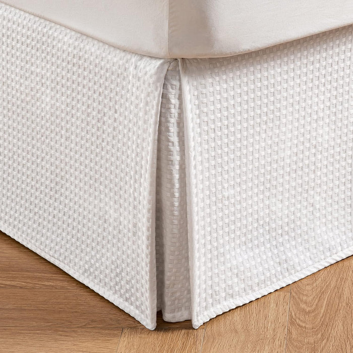 MIYE Pleated Waffle Weave Bed Skirt, Tailored Dust Ruffle 22 Inch Drop Easy Fit, Machine Washable (White, Full - 22" Drop)