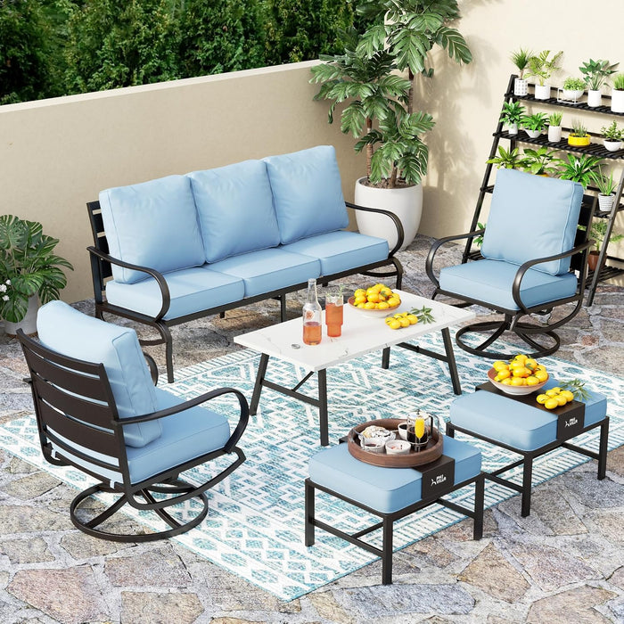 PHI VILLA 4 Piece Patio Furniture Sets for 5 Person with 1 x 3-Seat Deep Seating Bench, 2 x Cushioned Swivel Sofa Chairs & 1 x Coffee Table, Outdoor Metal Conversation Set for Lawn Garden, Red