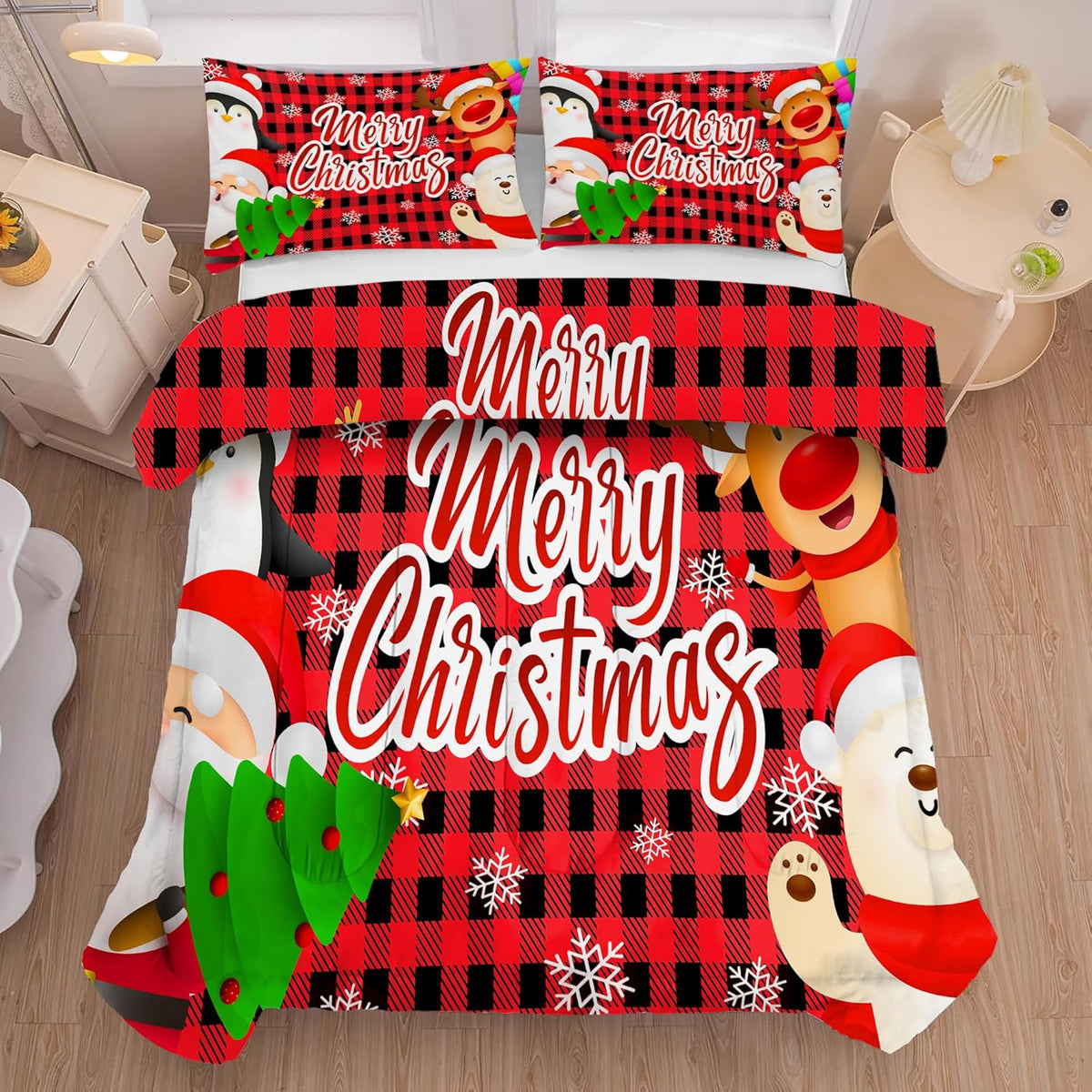 Christmas Comforter Set Twin Size Black and Red Plaid Bedding Sets Xmas Gift Christmas Themed Festival Quilt Set,1 Comforter + 1 Pillow Case
