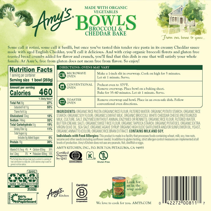 Amy's Frozen Meals, Broccoli and Cheddar Cheese Bake, Made With Organic Rice Pasta and Veggies, Gluten Free Microwave Meals, 9.5 Oz