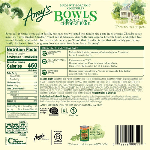 Amy's Frozen Meals, Pasta Bowl, Broccoli and Cheddar Cheese Bake, Gluten Free, 9.5 oz.