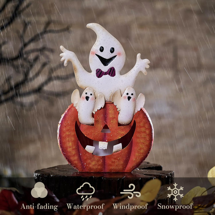 TERESA'S COLLECTIONS Halloween Decorations, Ghost and Pumpkin Halloween Decor, Large Ghost and Orange Jack O Lantern with Light, 12", Metal Outdoor Garden Statue, Indoor/Outdoor