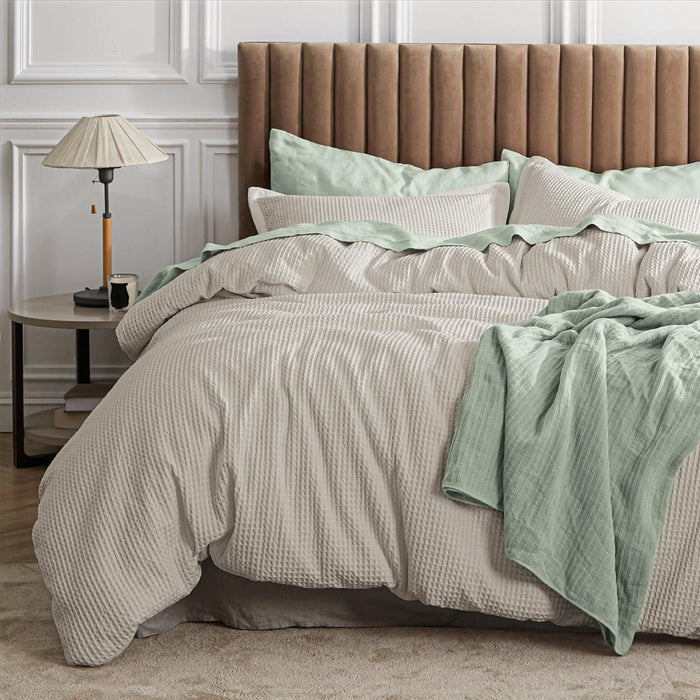 Bedsure Waffle Comforter Set Queen, Khaki Soft Bedding, Waffle Weave Bed Set, 3 Pieces, 1 Comforter (90"x90") and 2 Pillow Shams, Cotton Shell and Polyester Lining for All Seasons
