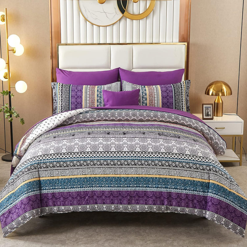 Cottolester Boho Comforter Set Full Size 8 Piece Bed in a Bag Bohemian Striped Bedding Quilt Set Aqua Paisley Floral Comforter and Sheet Set,Soft Microfiber Complete Bedding Sets for All Season