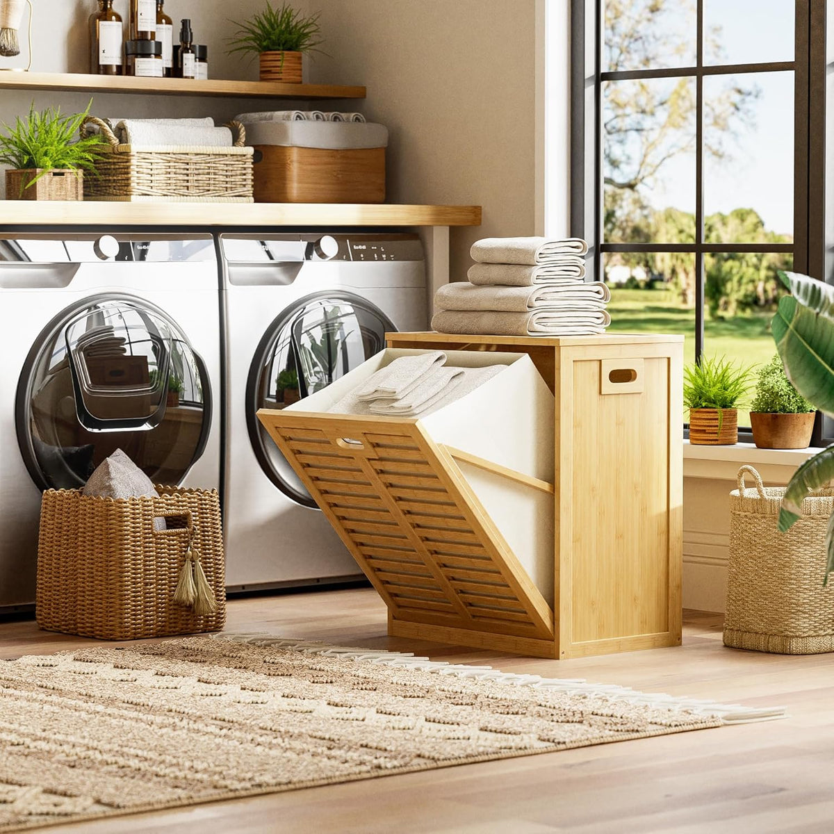 HITNET Tilt Out Laundry Hamper, Bamboo Laundry Cabinet with Hidden Removable Basket, Freestanding Clothes Storage organizer for Bedroom, Bathroom, Living Room, Natural
