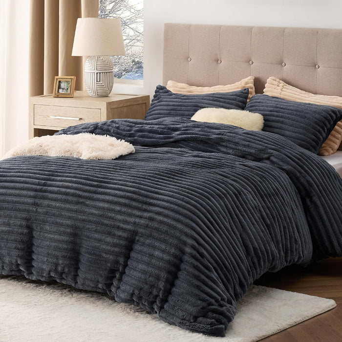 Bedsure Fluffy Duvet Cover Set - Ultra Soft Plush Shaggy Comforter Cover Queen Size, Warm Flannel Fleece Bed Sets for Winter, 3 Pieces (Striped Pattern, Coconut White)