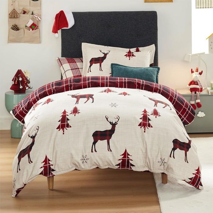 Bedsure Christmas Duvet Cover Queen - Christmas Bedding Set, Reversible Buffalo Check Printed Plaid Duvet Cover, 3 Pieces Bedding Set with 2 Pillow Shams (Queen, Reindeer)