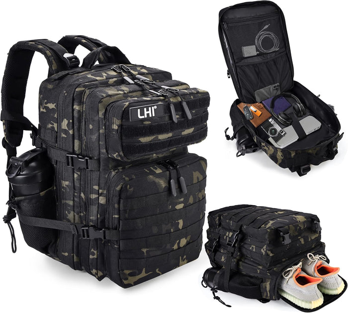 LHI Military Tactical Backpack for Men and Women 45L Army 3 Days Assault Pack Bag Large Rucksack with Molle System - Black