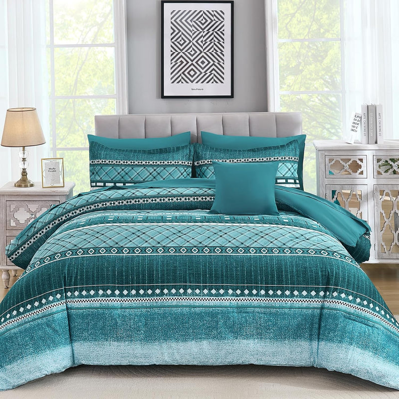 WONGS BEDDING 8 Piece Queen Size Comforter Set, Texture Striped Bed in a Bag Grey Comforter and Sheet Set, Boho Lightweight Microfiber Bedding Set for All Season (90"×90")