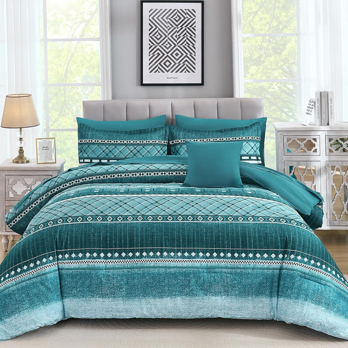 WONGS BEDDING 8 Piece Queen Size Comforter Set, Texture Striped Bed in a Bag Grey Comforter and Sheet Set, Boho Lightweight Microfiber Bedding Set for All Season (90"×90")
