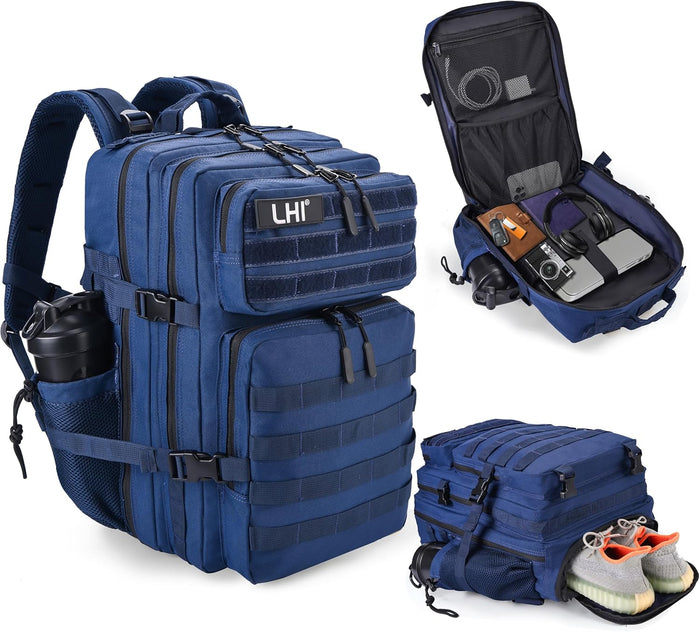 LHI Military Tactical Backpack for Men Molle Daypack 45L Army 3 Days Assault Pack Bag Large Rucksack With Bottle Holder Black and White(12*20*12)