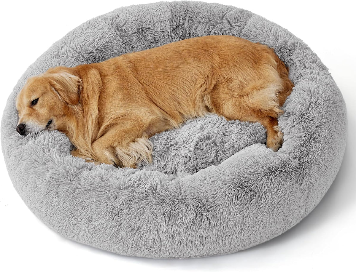 Bedsure Calming Dog Bed for Small Dogs - Donut Washable Small Puppy Bed, 23 inches Anti-Slip Round Fluffy Plush Faux Fur Large Cat Bed, Fits up to 25 lbs Pets, Camel