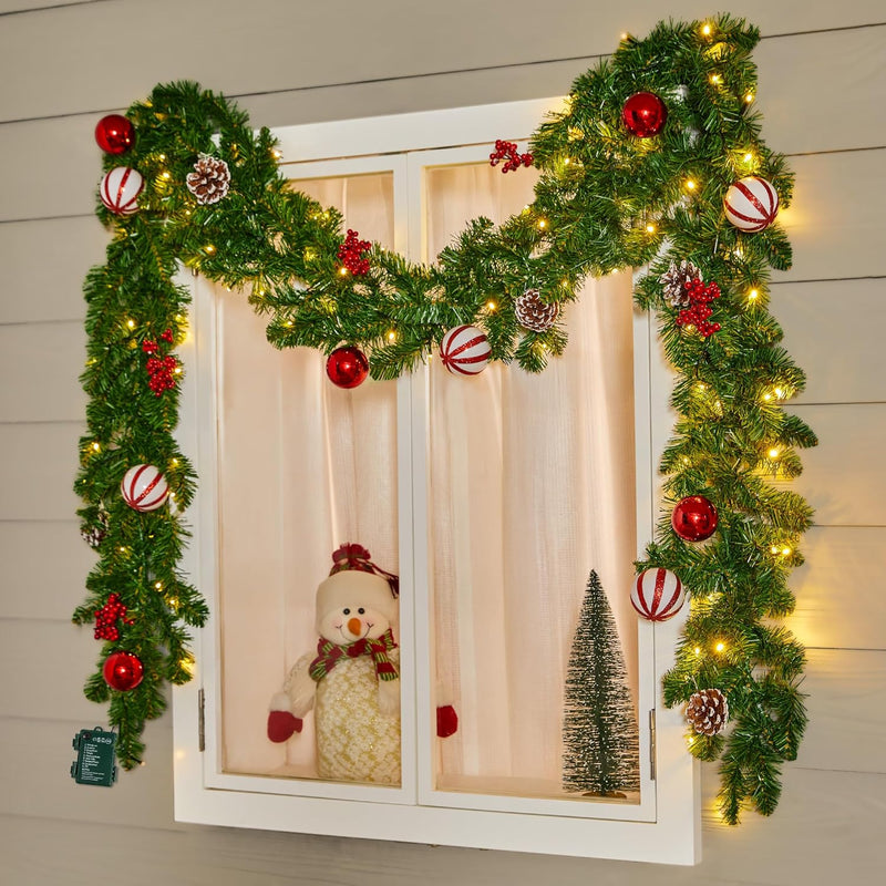 Brightown 9FT Christmas Garland with Lights, Battery Operated Prelit Garland with Pinecones, Berries, Bows, Ornaments, 100 LED White Lights, 8 Modes, Timer, for Mantle, Stairs, Fireplace, Door, Fence