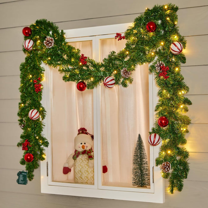 Brightown 9FT Christmas Garland with Lights, Battery Operated Prelit Garland with Pinecones, Berries, Bows, Ornaments, 100 LED White Lights, 8 Modes, Timer, for Mantle, Stairs, Fireplace, Door, Fence
