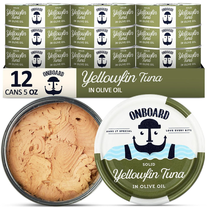 ONBOARD Premium Yellowfin Tuna in Spring Water - 12 Pack Solid Light 5 Oz Cans Sustainably Wild Caught Canned Tuna, Non GMO, Gluten Free, Tinned Fish 24g Protein – Ingredient Rich Tuna for Salad and Recipes