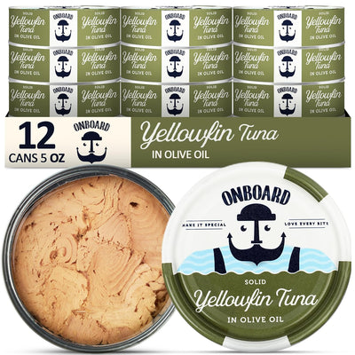ONBOARD Premium Yellowfin Tuna in Olive Oil - 12 Pack Solid Light 5 Oz Cans Sustainably Wild Caught Canned Tuna, Non GMO, Gluten Free, Tinned Fish 24g Protein - Ingredient Rich Fish for Salad and Recipes