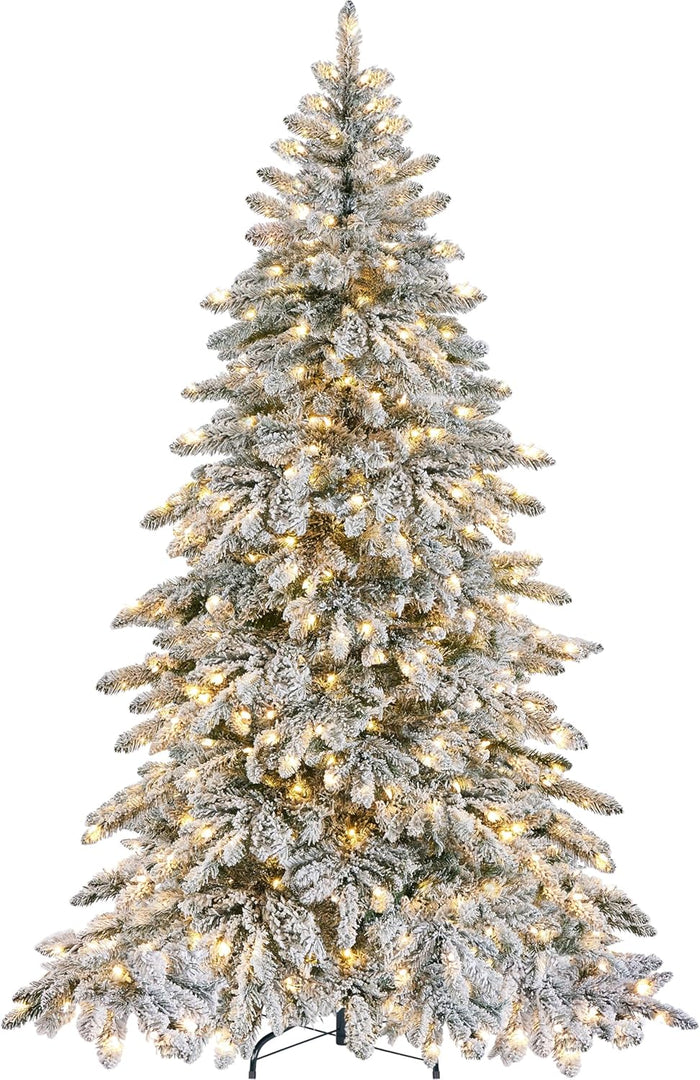 Yaheetech 6ft Pre-Lit Artificial Christmas Tree with 400 Warm White LED Lights & 940 PVC Tips,Hinged Snow Flocked Xmas Tree with Foldable Stand & Protective Foot Caps,Green & White