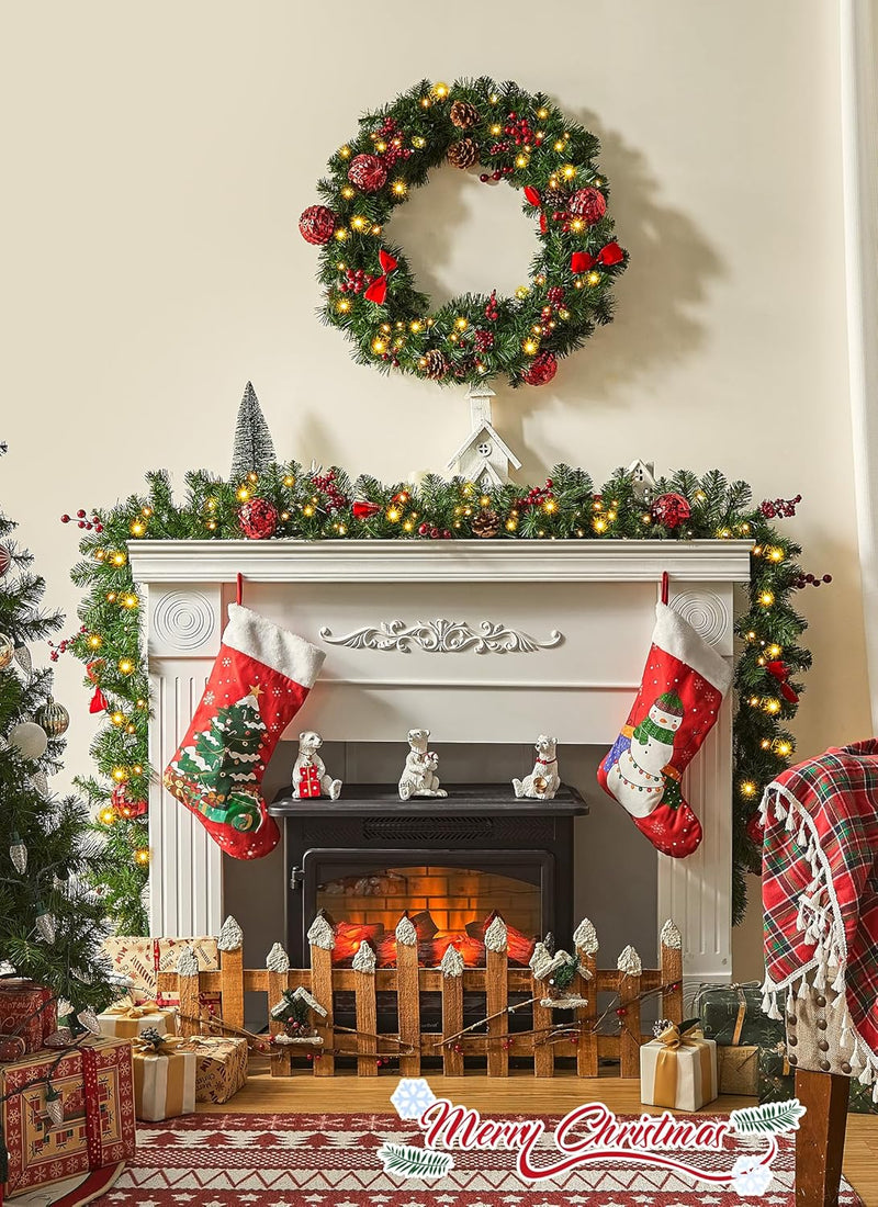 Brightown 9FT Christmas Garland with Lights, Battery Operated Prelit Garland with Pinecones, Berries, Bows, Ornaments, 100 LED White Lights, 8 Modes, Timer, for Mantle, Stairs, Fireplace, Door, Fence