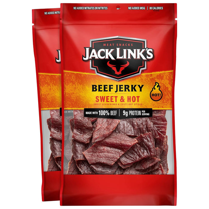 Jack Link's Beef Jerky, Sweet & Hot, Large Jerky Bags - Flavorful Meat Protein Snacks, Great Stocking Stuffers, Gifts for Men, 9g of Protein per Serving, Made with 100% Beef - 9 Oz. (Pack of 2)