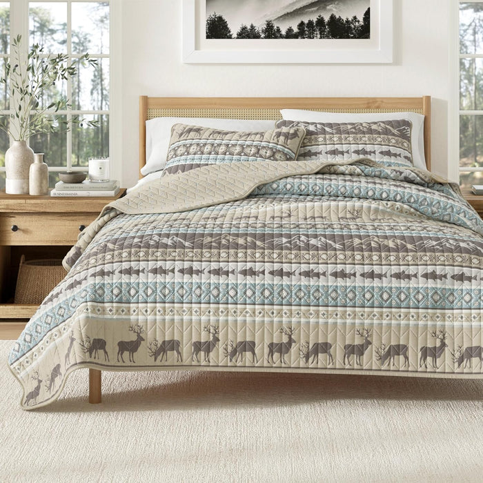 Great Bay Home Twin/Twin XL Reversible Rustic Lodge Olive Bedspread Quilt with Sham - All Season Cabin Coverlet Bedding Set (Includes 1 Quilt, 1 Pillow Sham)