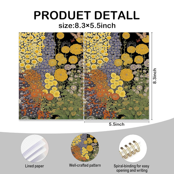 RLTXBUK Spiral Notebook 8.3x5.5 Inches, Vintage Floral Garden Notebook, Yellow and Orange Wildflower Art Journal, Aesthetic Botanical Lined Writing Notebook