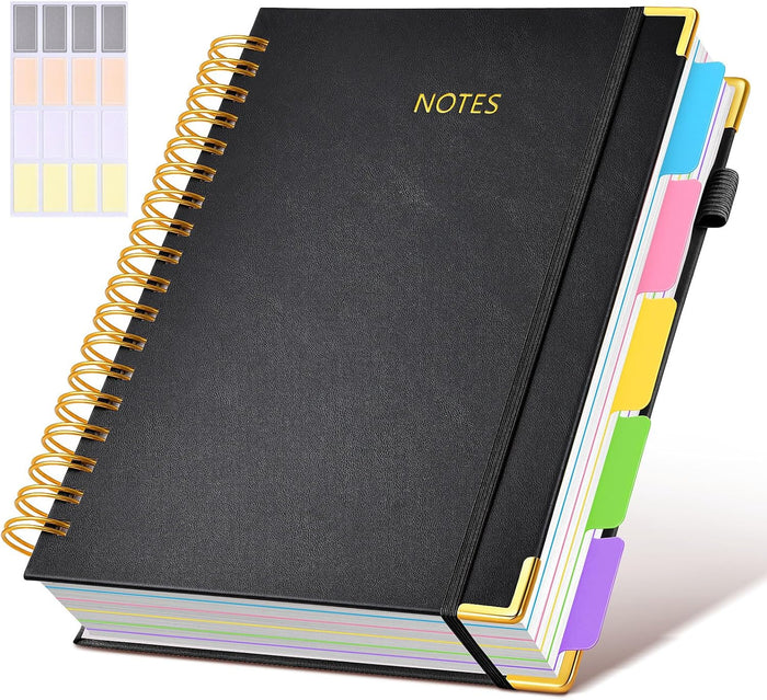 Hardcover Spiral Notebook Journal with Removable Dividers Tabs, 300 Pages Leather 5 Subject Notebook College Ruled, 8"x10" Large B5 Notebooks for Work School Note taking, Lined Journal for Women, Pink