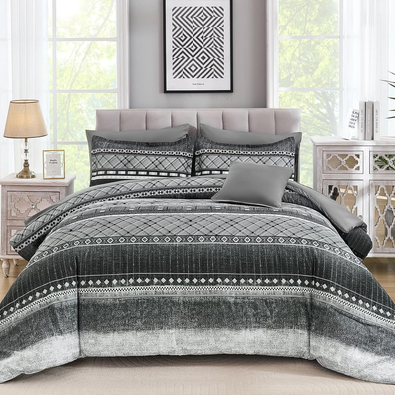 WONGS BEDDING 8 Piece Queen Size Comforter Set, Texture Striped Bed in a Bag Grey Comforter and Sheet Set, Boho Lightweight Microfiber Bedding Set for All Season (90"×90")