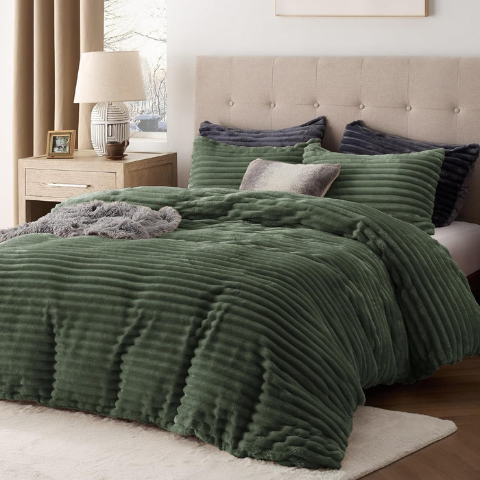Bedsure Fluffy Duvet Cover Set - Ultra Soft Plush Shaggy Comforter Cover Queen Size, Warm Flannel Fleece Bed Sets for Winter, 3 Pieces (Striped Pattern, Coconut White)