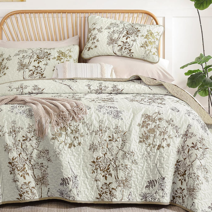 WONGS BEDDING Green Floral Quilt Set King,Botanical Leaf & Butterfly Pattern Bedspread Coverlet Set,Soft Beautiful Farmhouse Plants Quilts Bedding Set for All Seasons(104"×90")