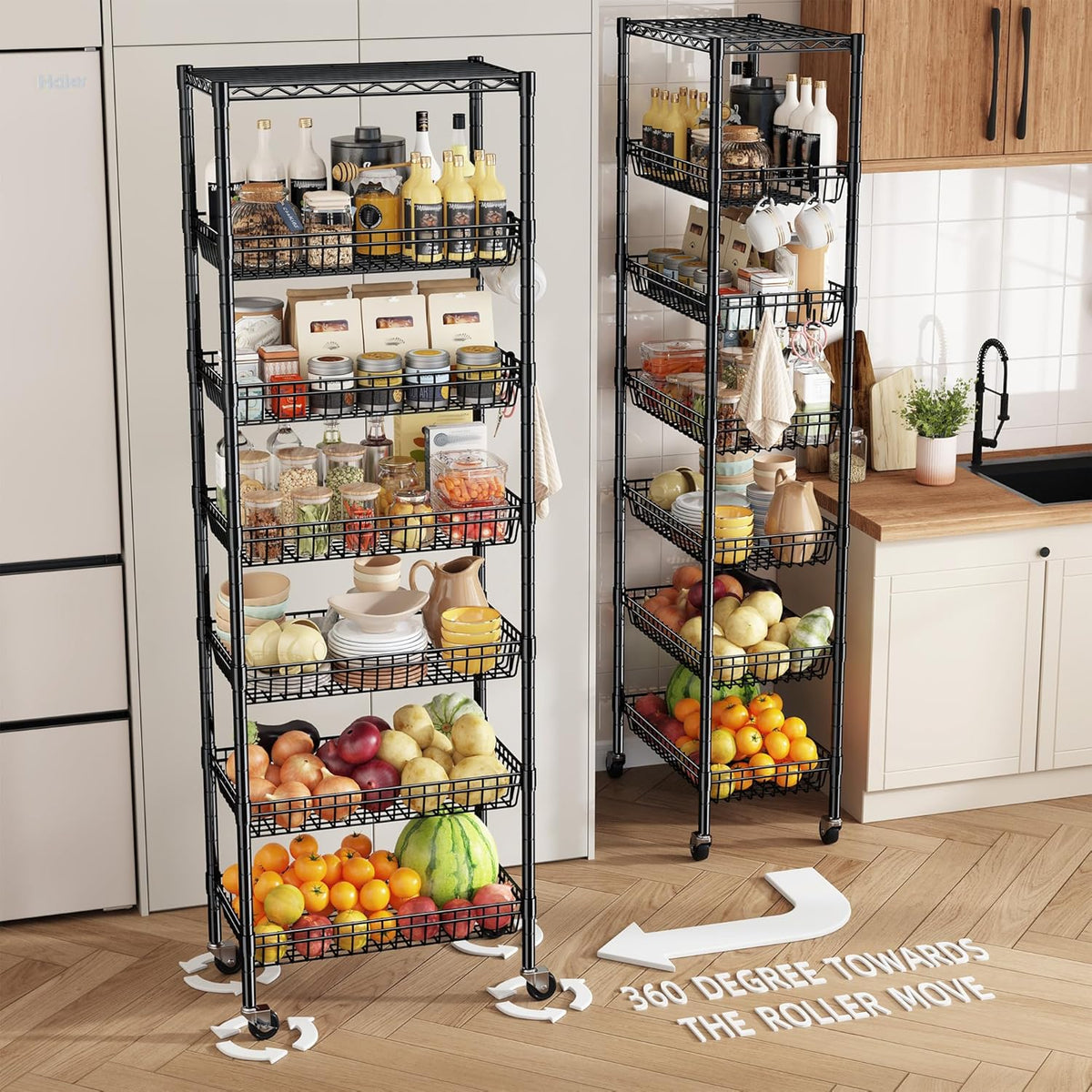 7 Tier Wire Shelving Unit with Wheels 72" H Adjustable Basket Shelf Storage Shelves with Hooks for Kitchen Bathroom Garage Closet Laundry Room Organization 72" H x 24" W x 14" D, Black