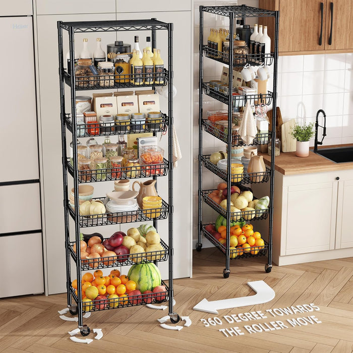 7 Tier Wire Shelving Unit with Wheels 72" H Adjustable Basket Shelf Storage Shelves with Hooks for Kitchen Bathroom Garage Closet Laundry Room Organization 72" H x 24" W x 14" D, Black