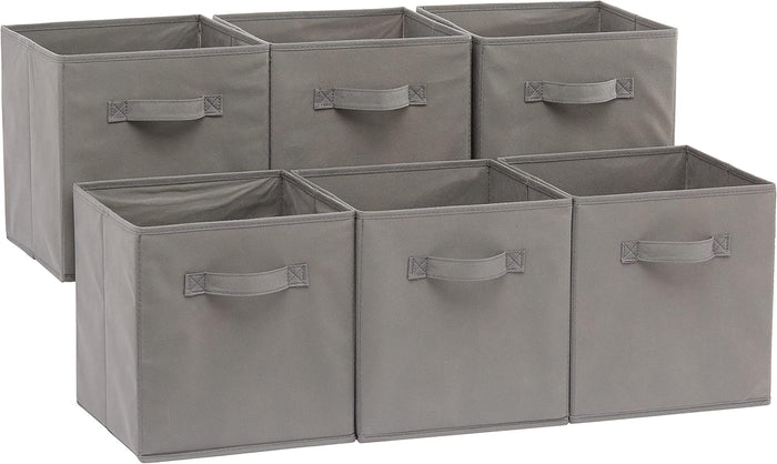Amazon Basics Cube Organizer Storage Bins Handles, Collapsible Fabric, Pack of 6, 10.5"x10.5"x11", White/ Light Grey Stripe
