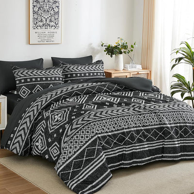 Yiran Black Comforter Set King Size, Boho Aztec Comforter Bedding Set, 7 Piece Bohemian Bed in a Bag, Soft Microfiber Striped Complete Bedding Set with Sheets for All Season